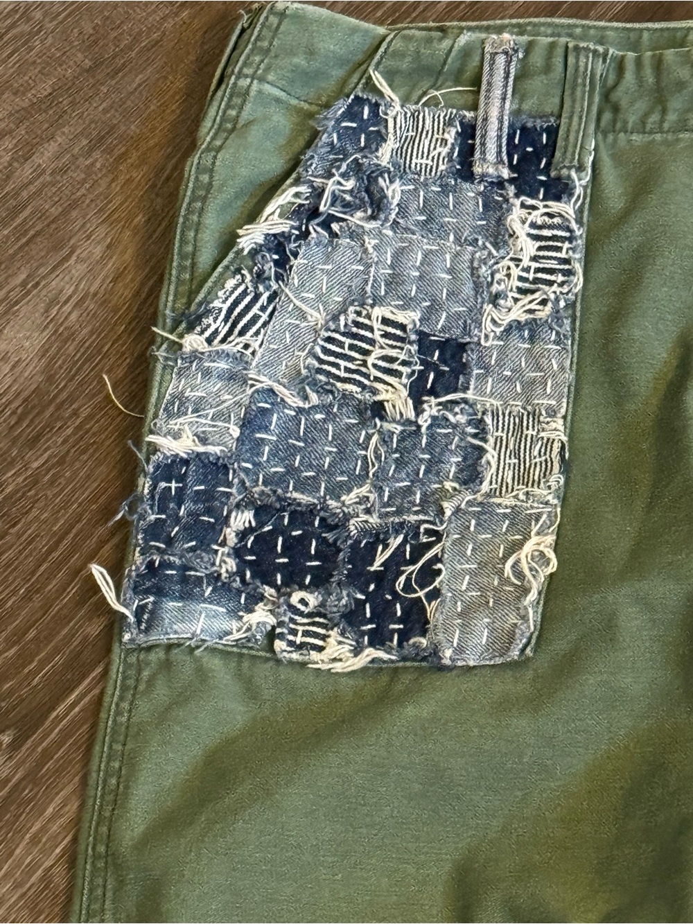 MOTHER Upcycled Olive Green Capris with Blue Patch Sashiko Pockets - Picture 3 of 8